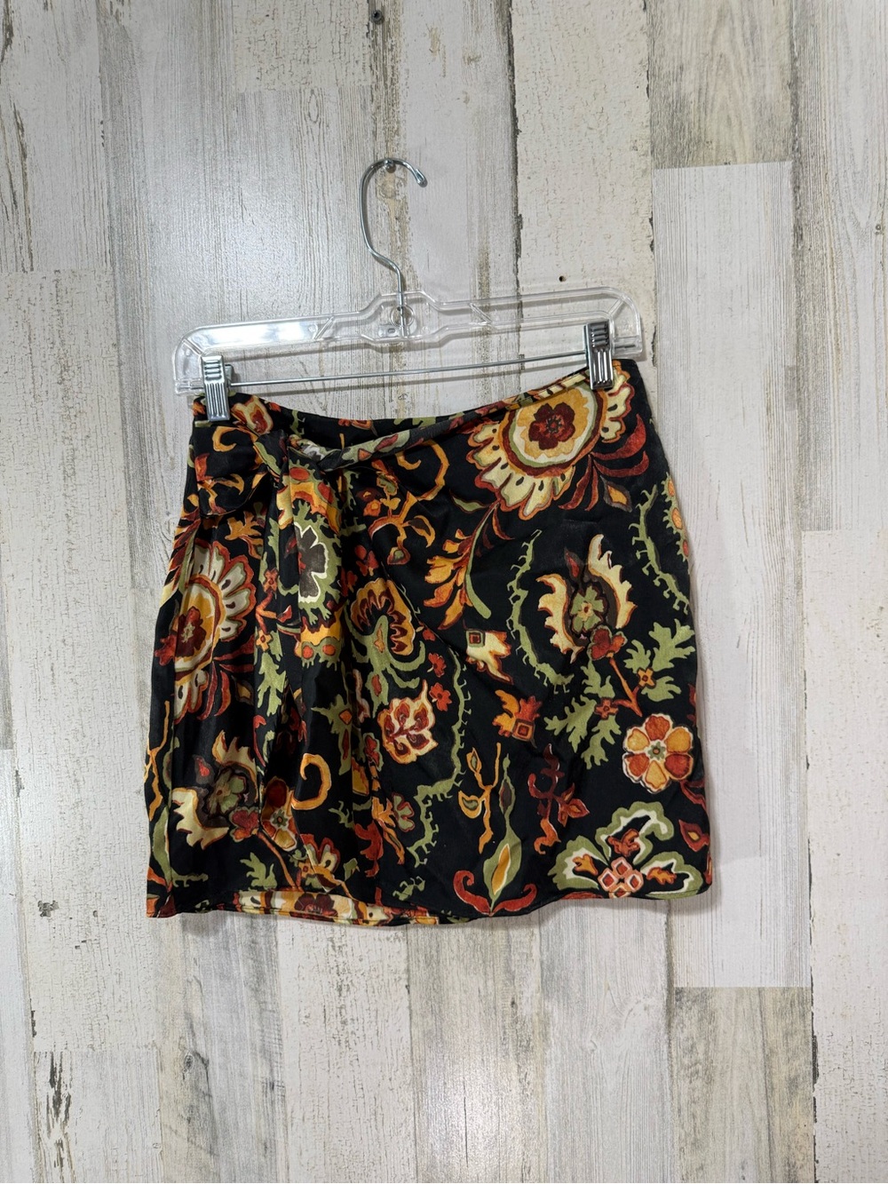 Zara Wrap Tie Black Mini Skirt Orange, Green & Cream Fall Floral Motif